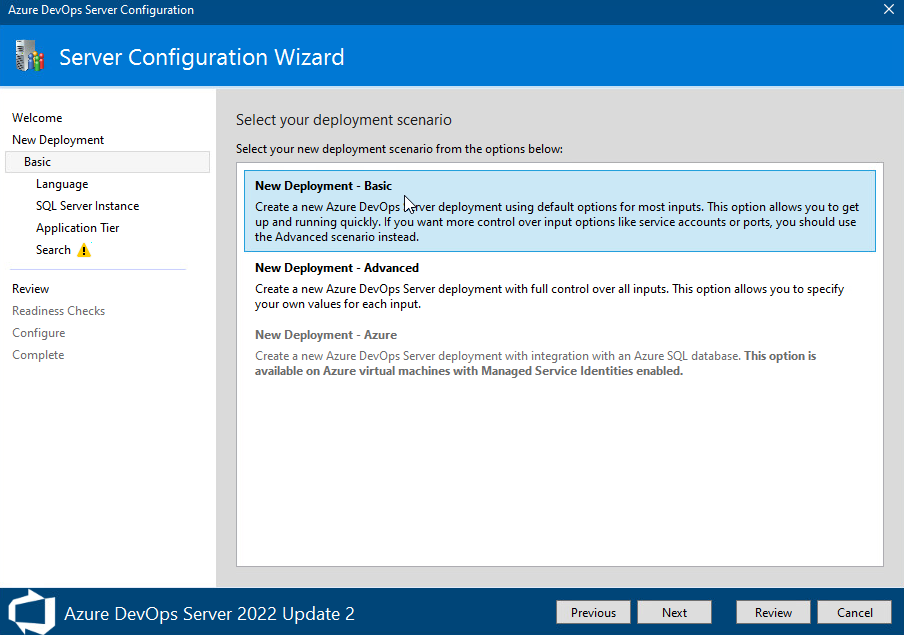 Azure DevOps Server Express installer main deployment screen