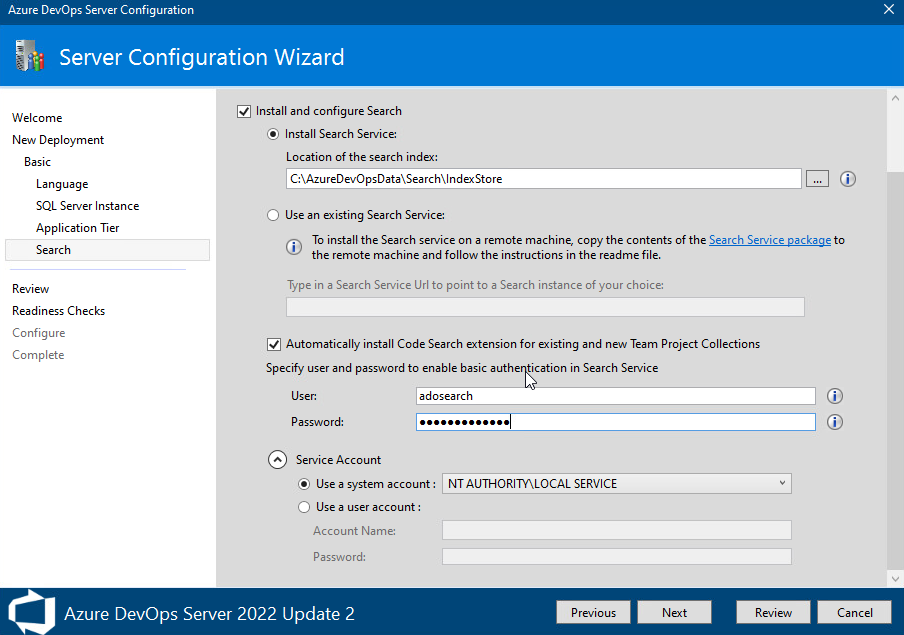 Azure DevOps Express search configuration