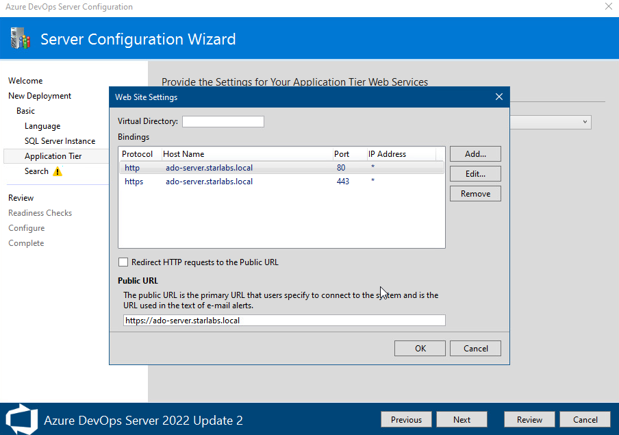 Azure DevOps Express site bindings